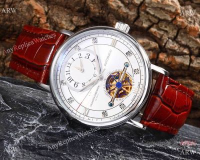 Copy Vacheron Constantin Tourbillon Wristwatch White Dial Brown Leather Strap